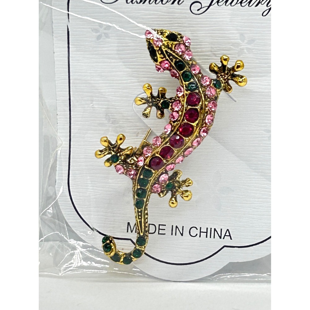 Gold‎ Tone Pink and Green Rhinestone Lizard Gecko Brooch Pin Reptile Accessory